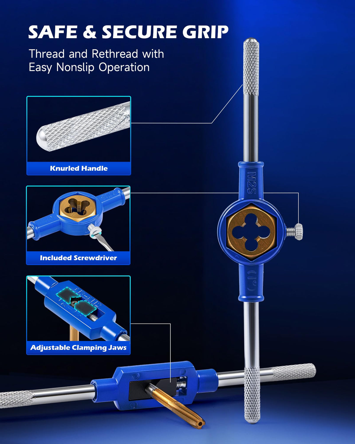 Orion Motor Tech locking dies secured in a wrench for stability.