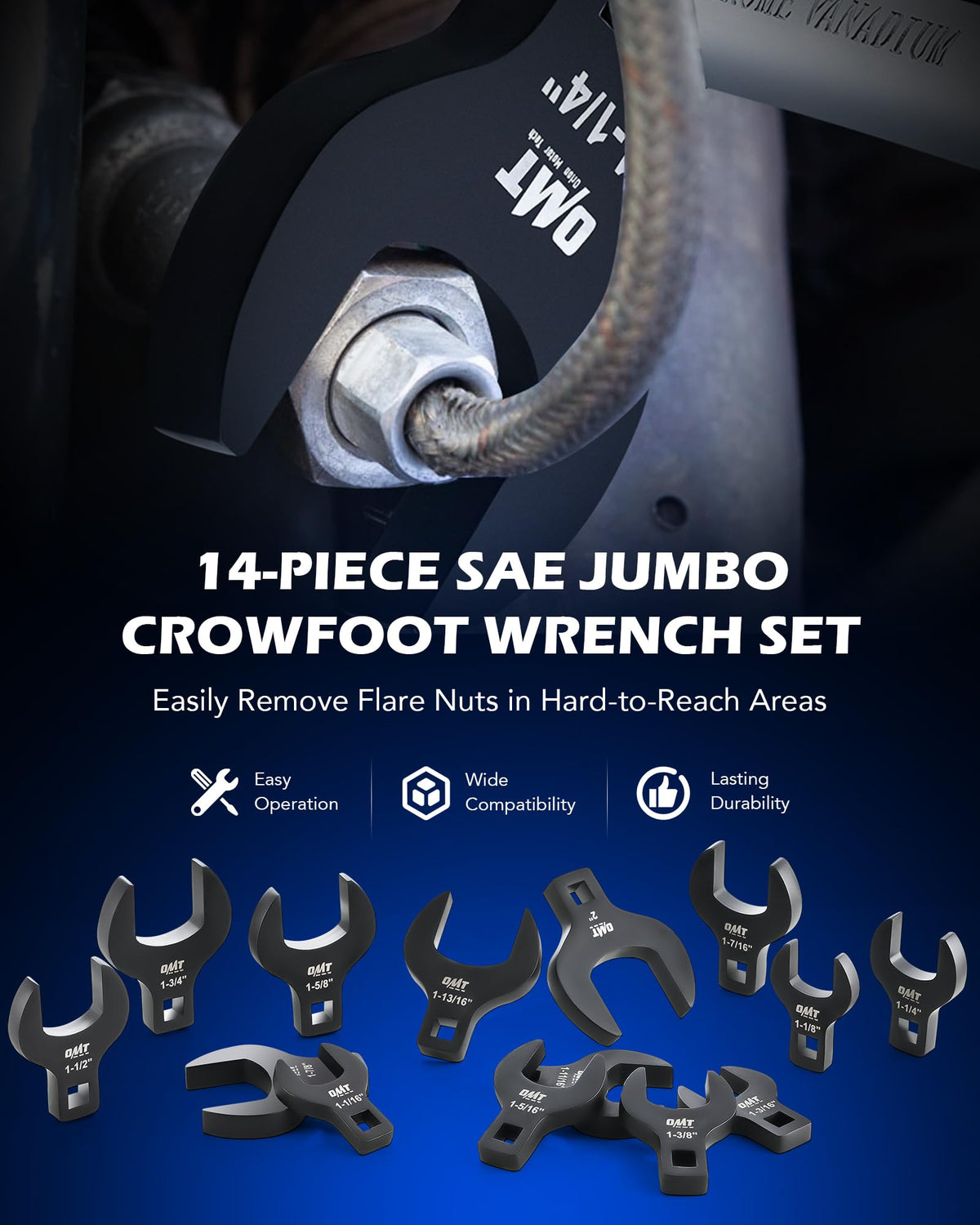 Orion Motor Tech SAE crowfoot wrenches arranged by size for fast selection