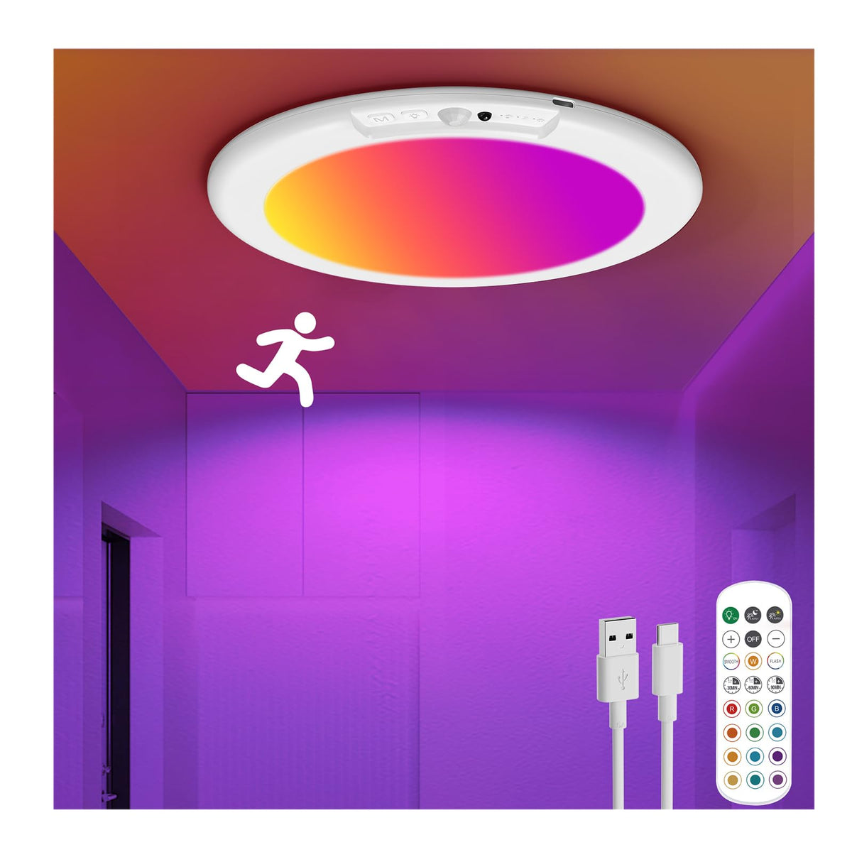 ORYAR rechargeable ceiling light mounted on ceiling, motion-activated for hands-free closet lighting.