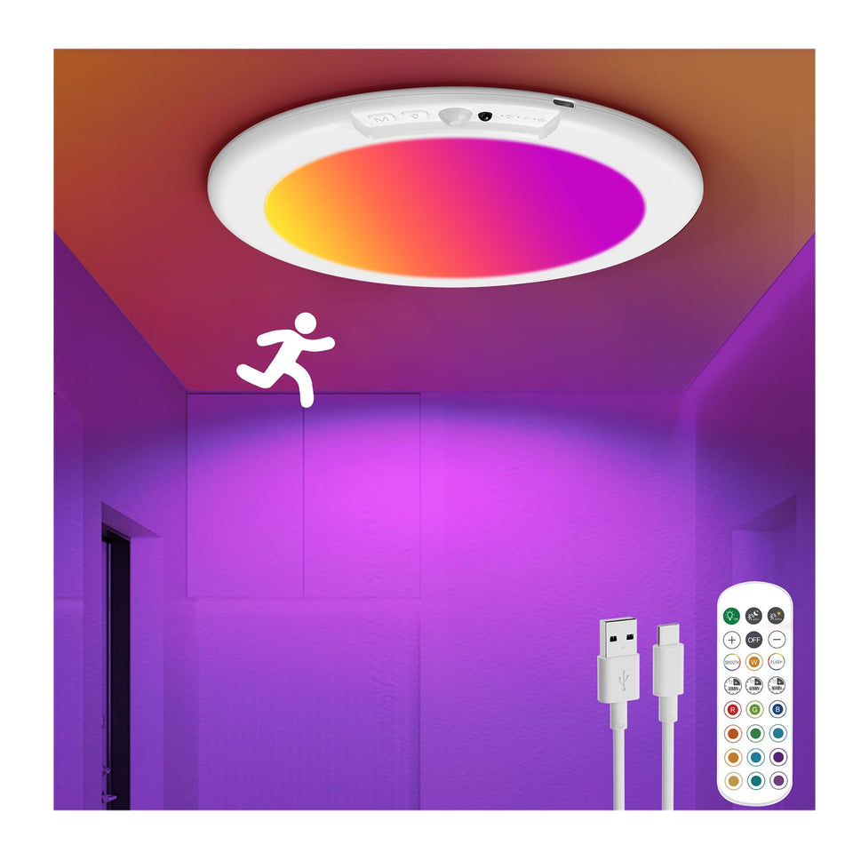 ORYAR rechargeable ceiling light mounted on ceiling, motion-activated for hands-free closet lighting.