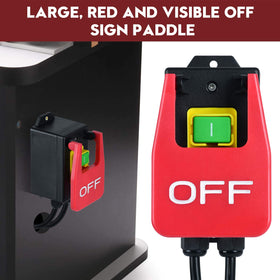 Ortis router table switch shows green ON button for easy locating.