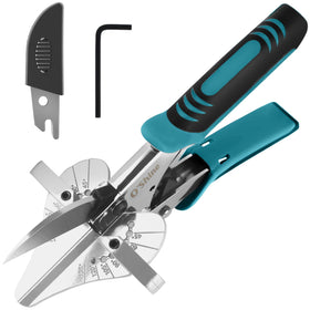 O'Shine Ratchet Miter Shear with angle adjustment dials for precise 45–135 degree cuts.