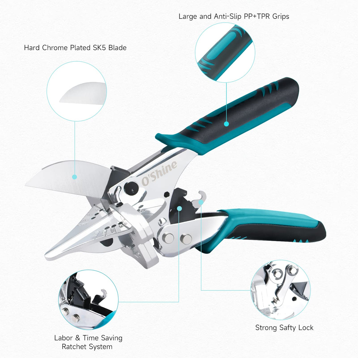 O'Shine Ratchet Miter Shear ergonomic soft-grip handle reduces wrist strain during trimming.