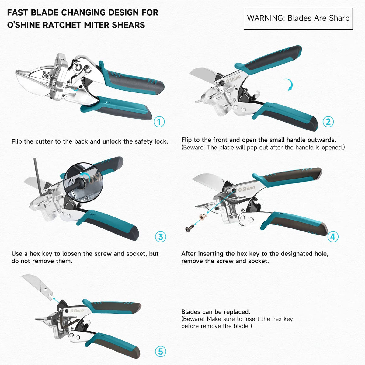 O'Shine Ratchet Miter Shear quick blade change saves time between tasks.
