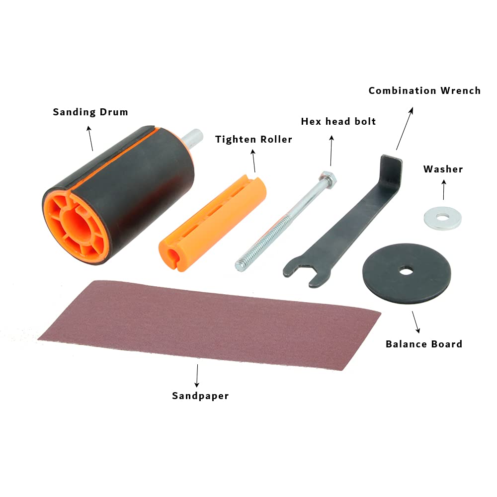 O'SKOOL sanding drum kit in use with drill press for contouring edges.
