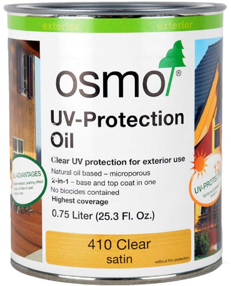 Osmo UV-Protection Oil 410 Clear bottle in use, protects wood from sunlight and drying.