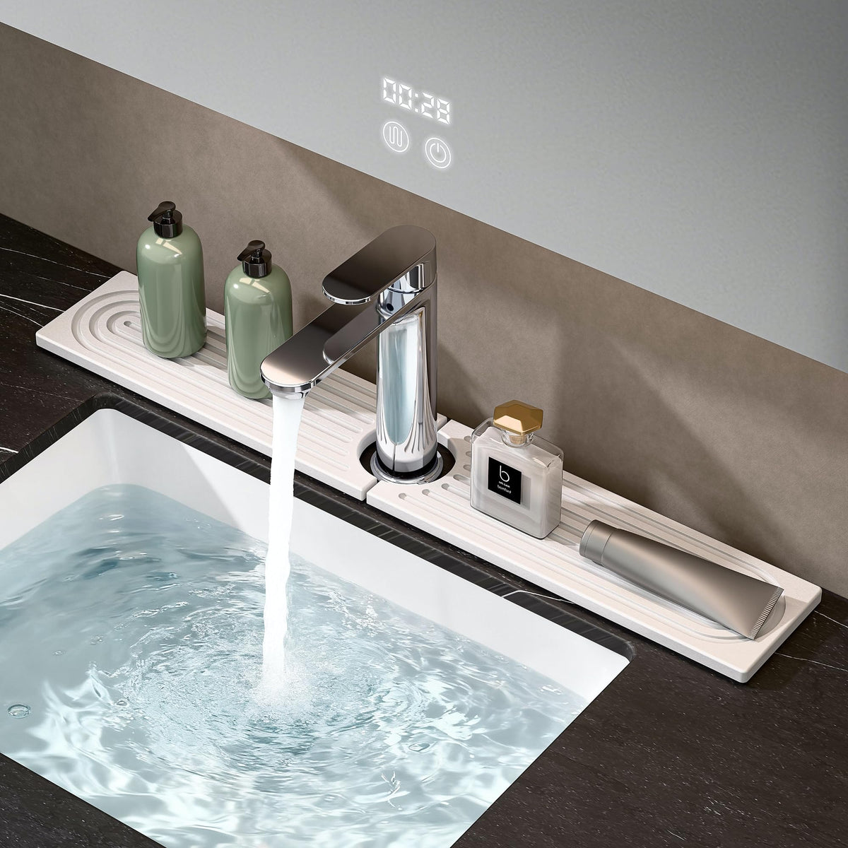 OSOVGO faucet mat beside a sink absorbing spills for a dry, tidy workspace.