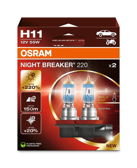 OSRAM Night Breaker 220 H11 lamp close-up with gold cap, highlighting premium build and brightness.