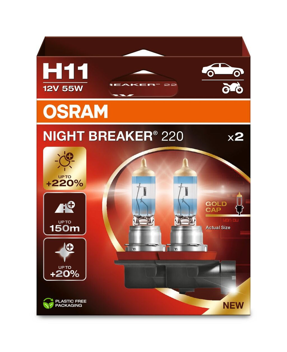 OSRAM Night Breaker 220 H11 lamp close-up with gold cap, highlighting premium build and brightness.