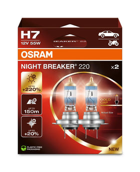 OSRAM Night Breaker 220 H7 lamp in folding box for easy packing and setup.