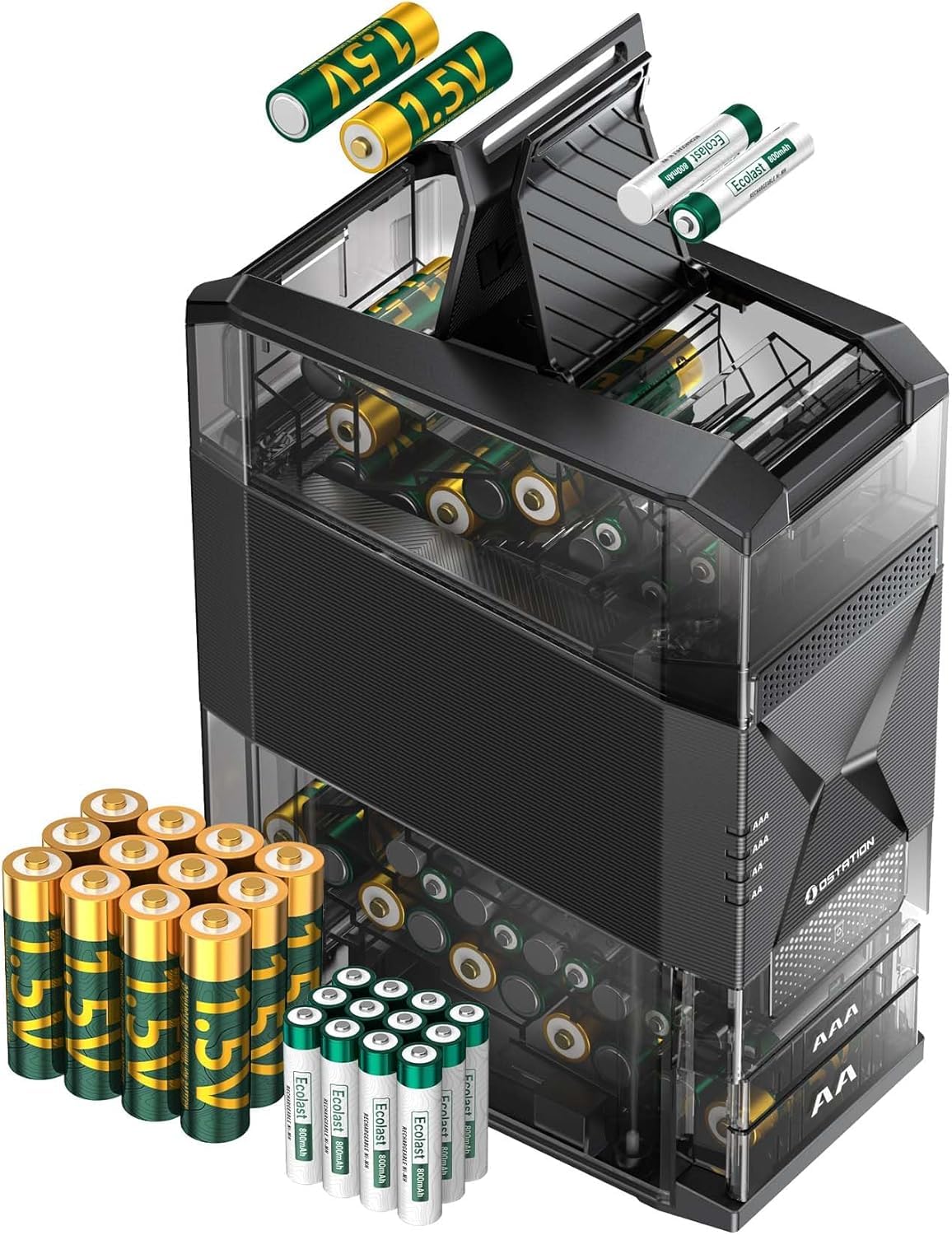 Ostation 2 front-view battery charger with sorted AA/AAA bays for quick access.