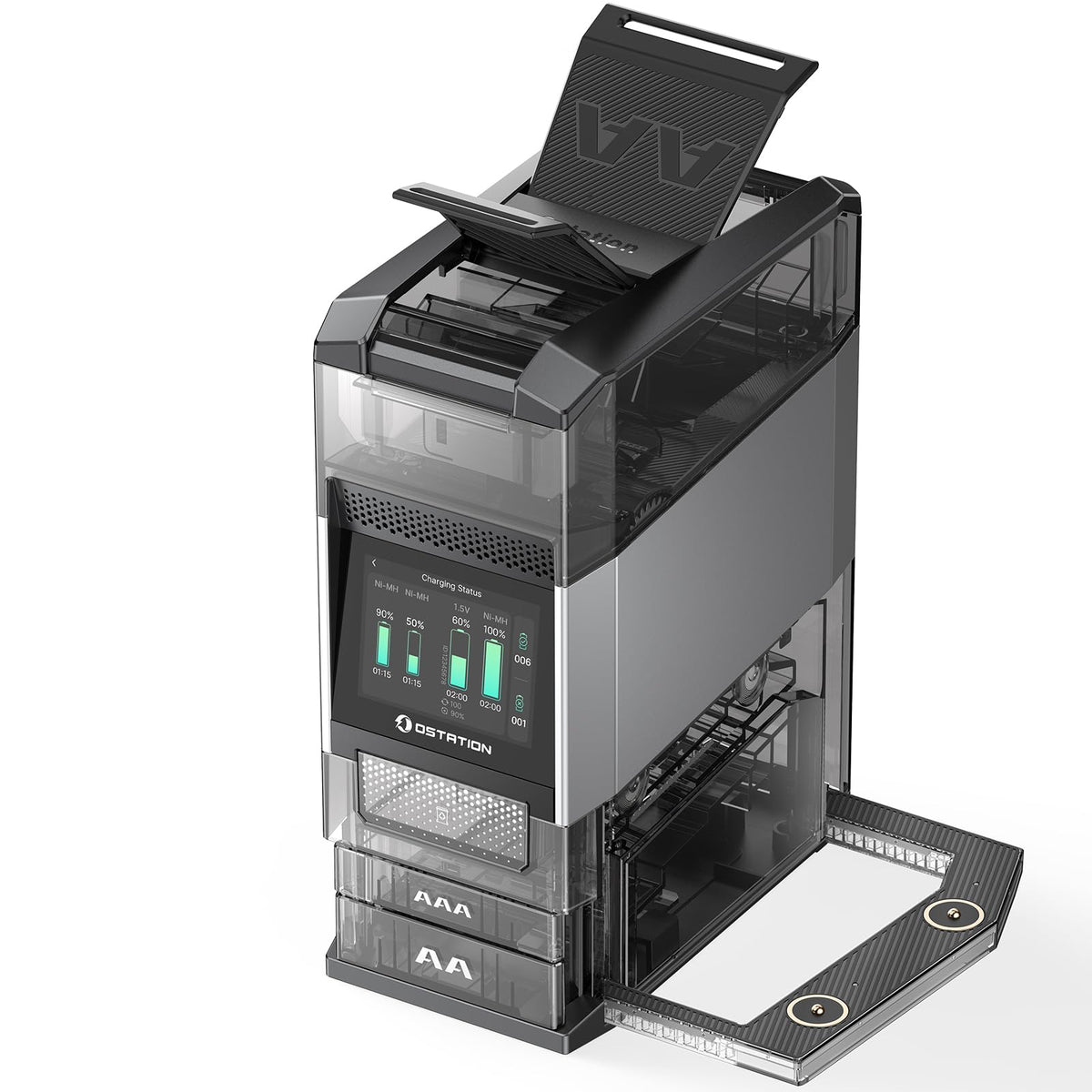 Ostation 2 Pro battery charger front view showing organized 24-slot hub for reliable power.