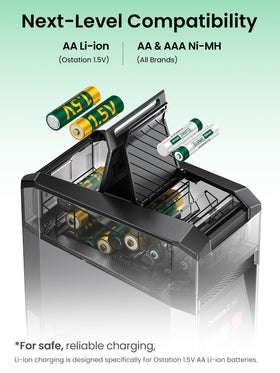 Ostation auto-sort compartment separates healthy cells into dedicated AA and AAA slots.