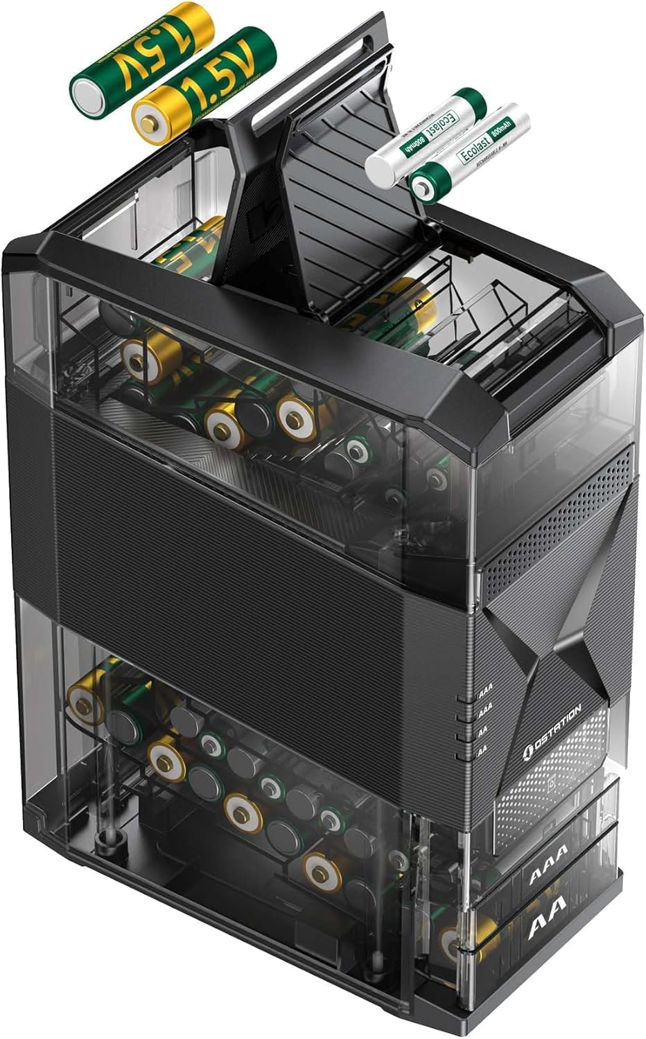 Ostation battery charger front view highlights 24-slot organization for ready-to-use power.