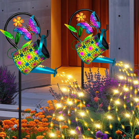Ostritec butterfly shepherd hook adds garden charm at dusk.