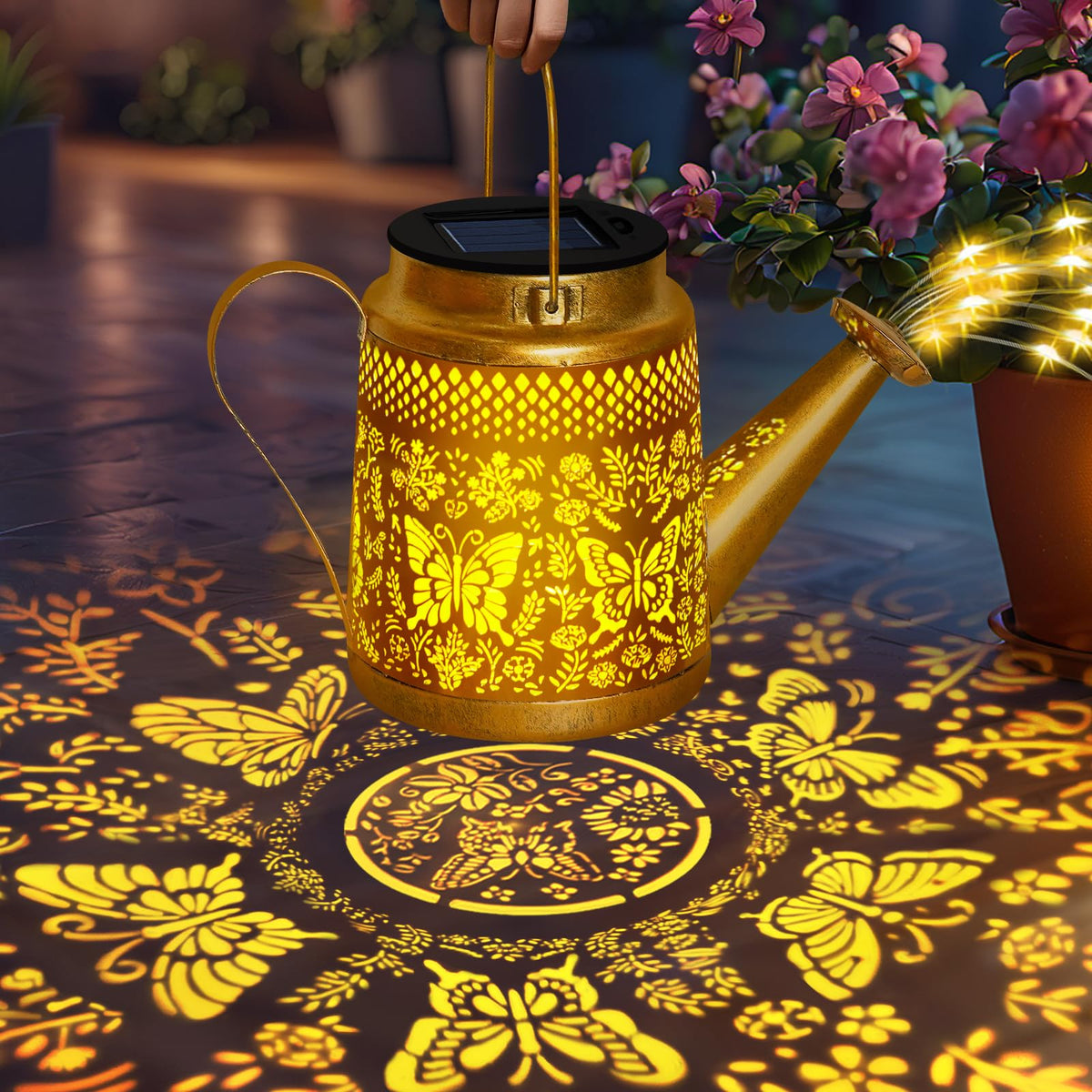 Ostritec butterfly watering can light with 36 LEDs cascading glow along garden