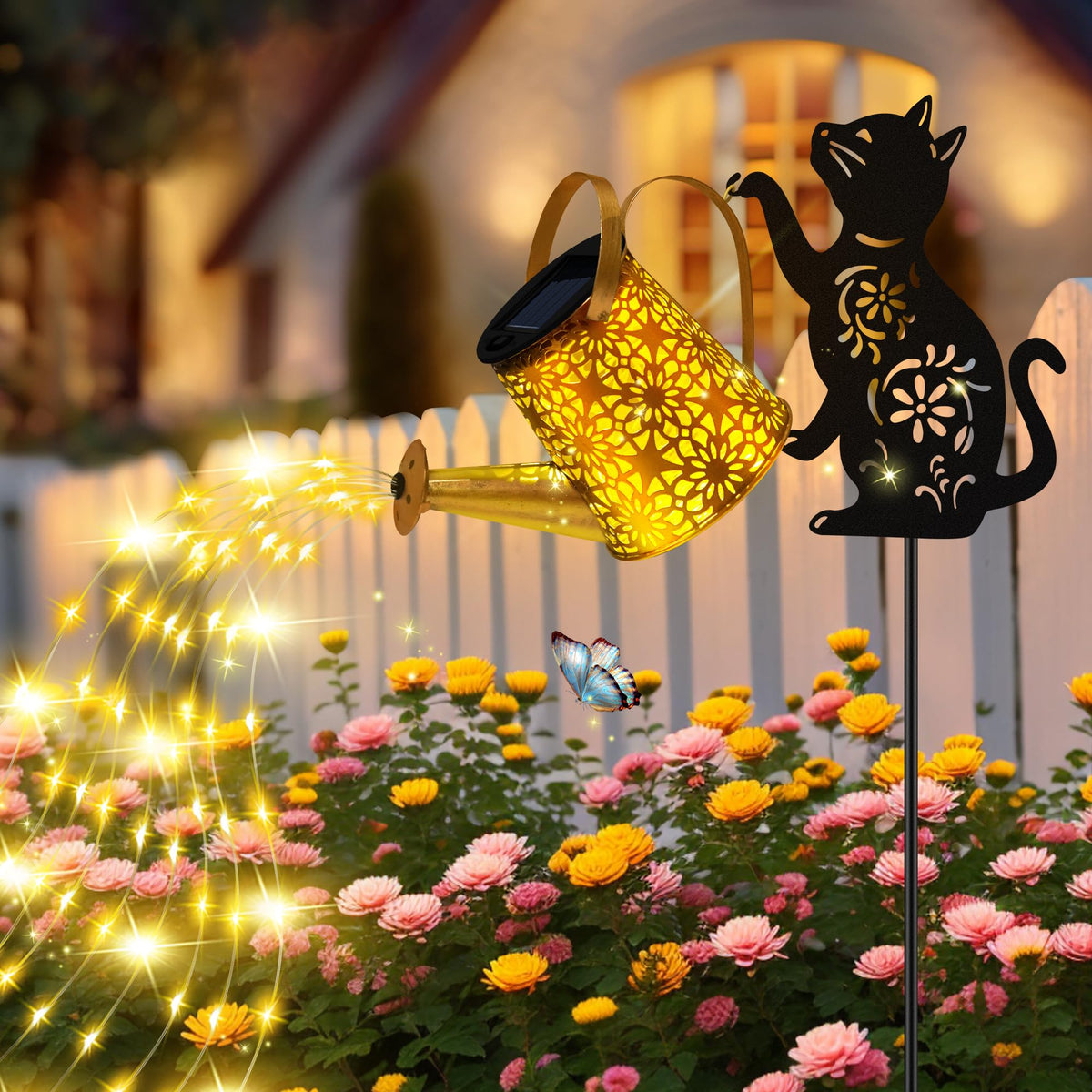 Ostritec cat silhouette garden stake adds charm along pathways at night.