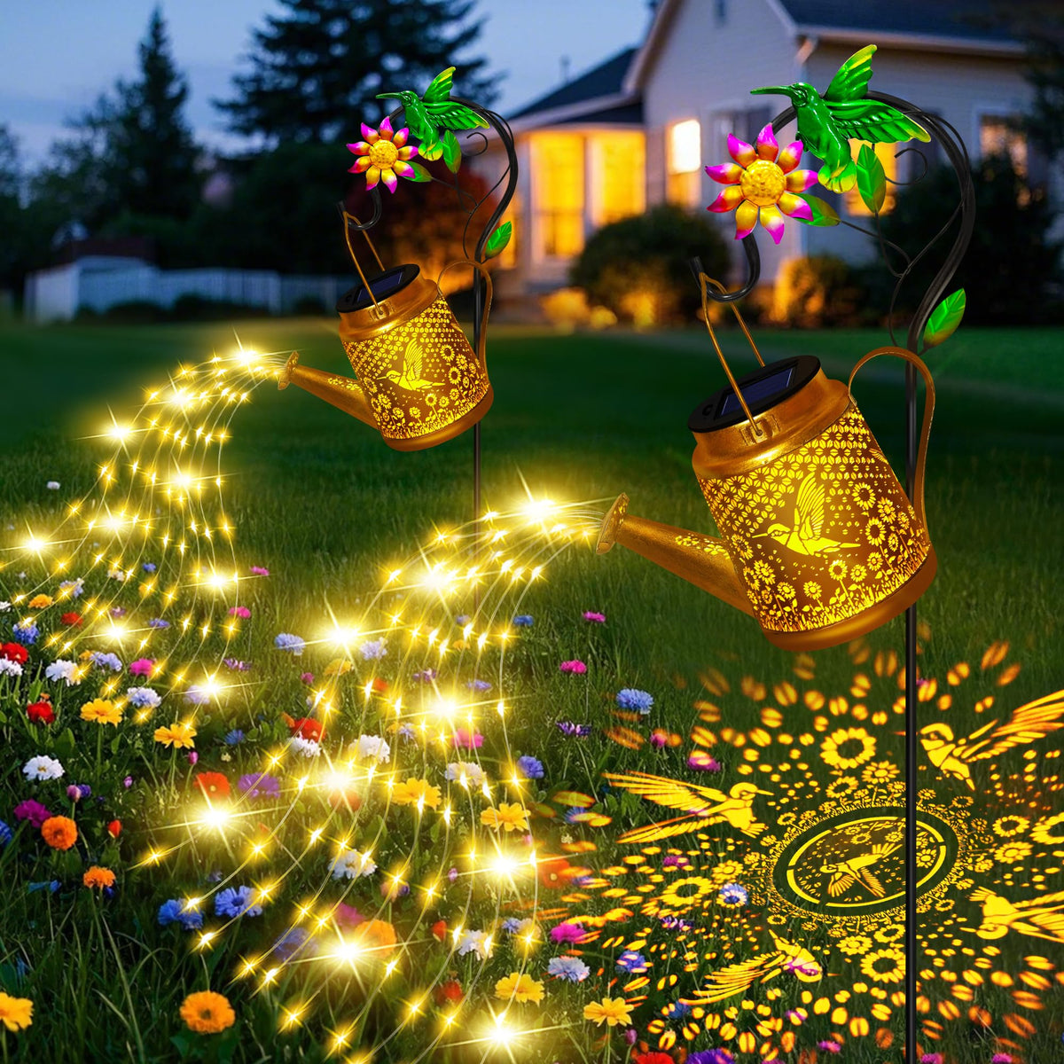 Ostritec hummingbird solar watering can lights illuminate garden path with twinkling cascade.