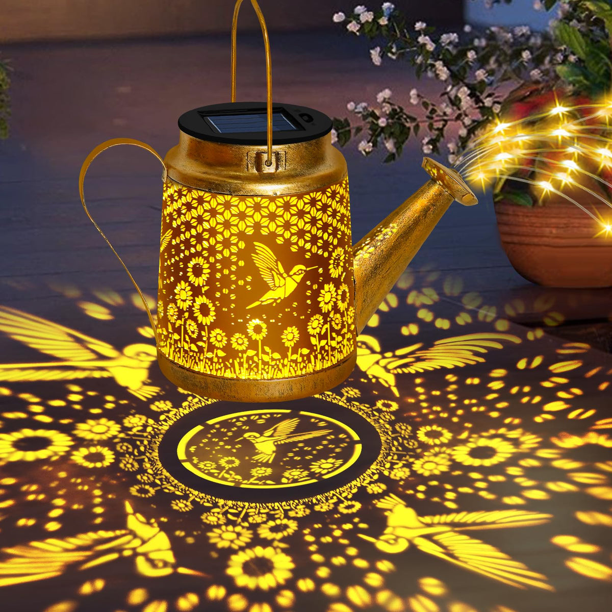 Ostritec two-pack solar watering can lights ready for quick setup.
