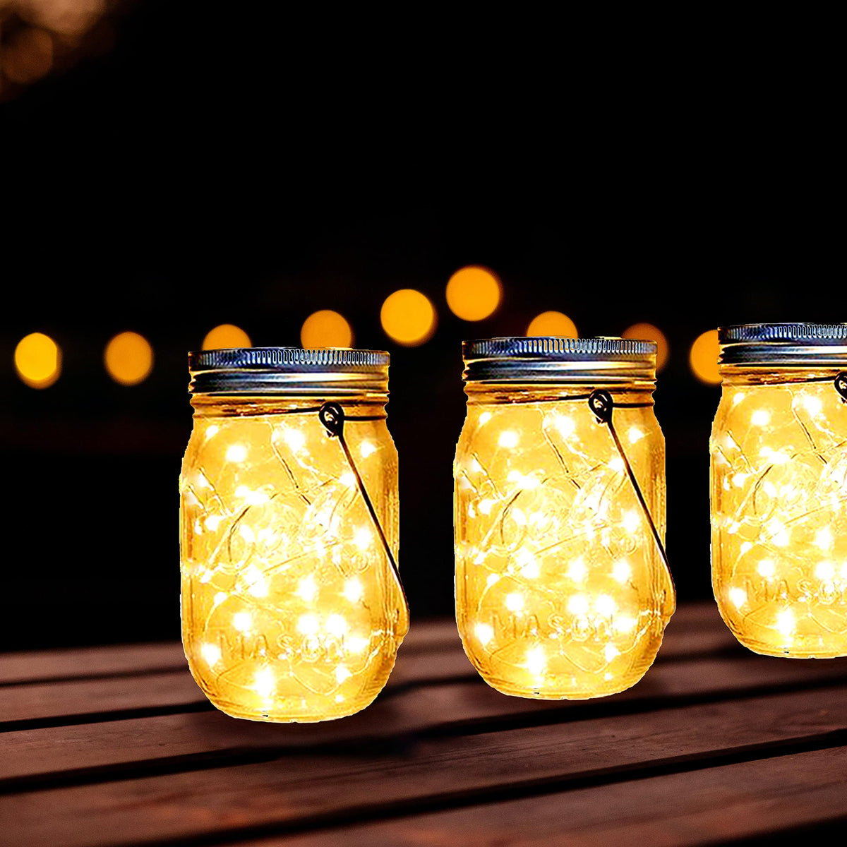 Ostritec mason jar lights enhance garden or patio décor.