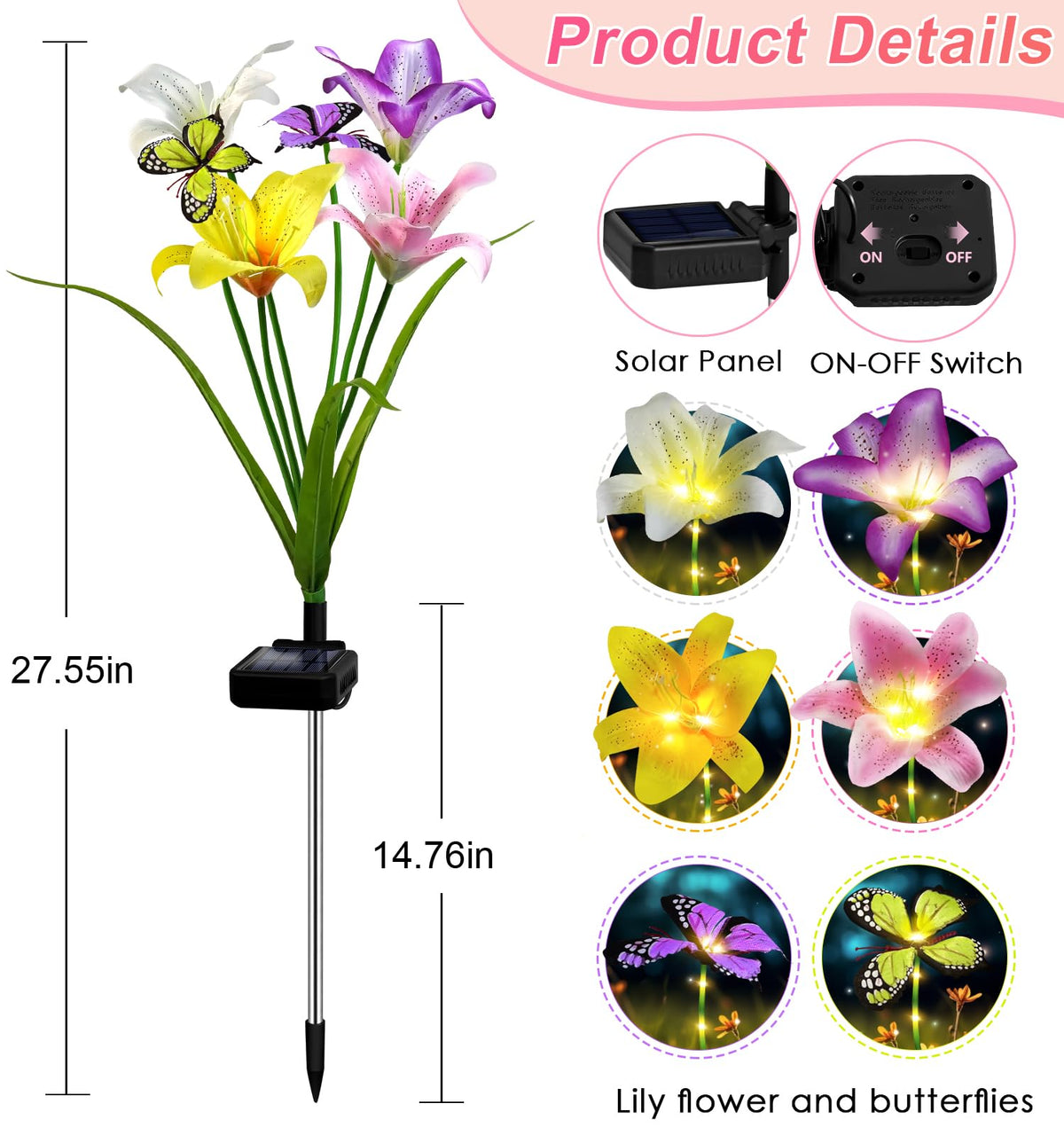 Warm white Ostritec lily lights highlight paths and borders after dark
