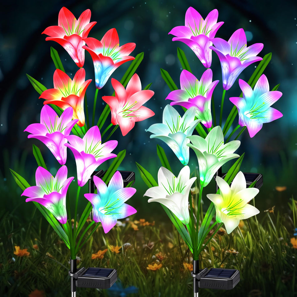 Ostritec solar lily flower light, front view, vibrant garden path glow.