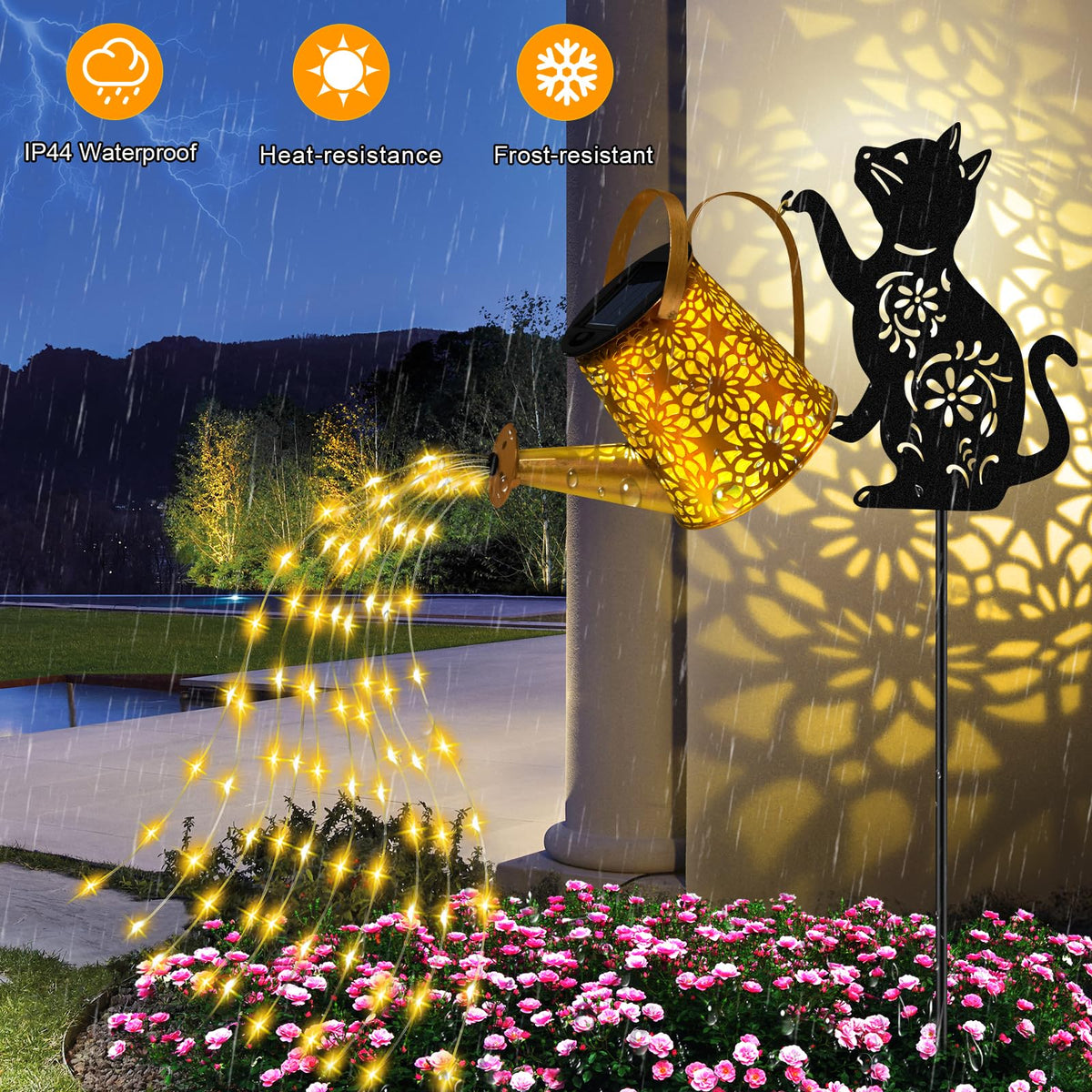 Ostritec shepherd hook with lights highlights entryways with warm glow.