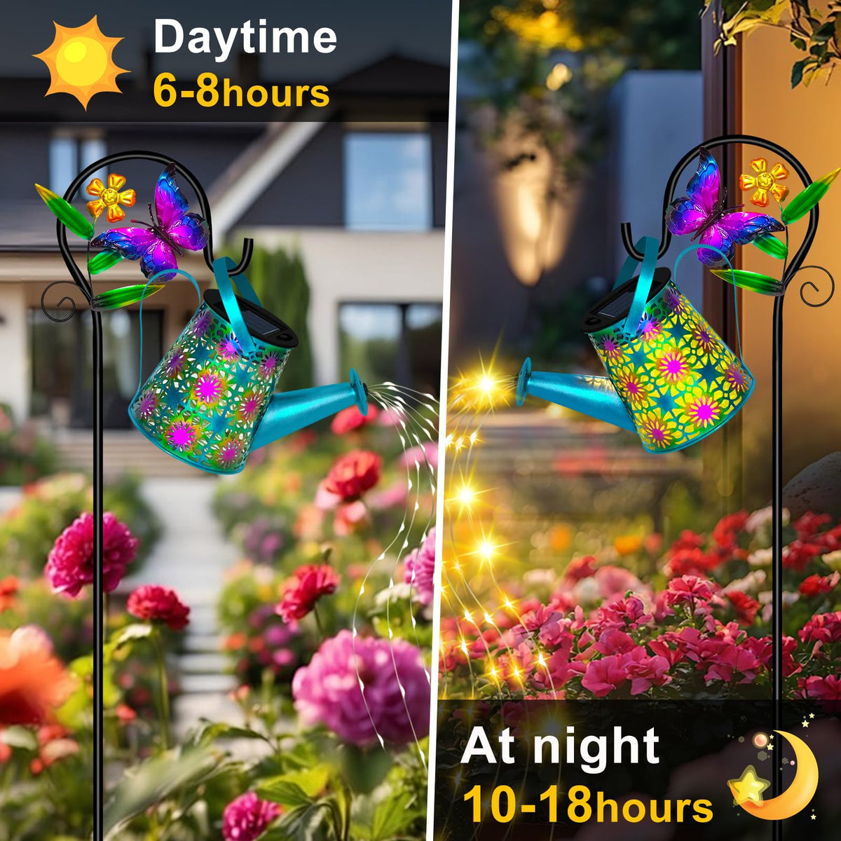 ostritec solar watering can on a 32-inch butterfly hook enhances garden décor.