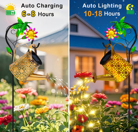 Ostritec solar watering can with cascading lights casts dreamy garden glow.