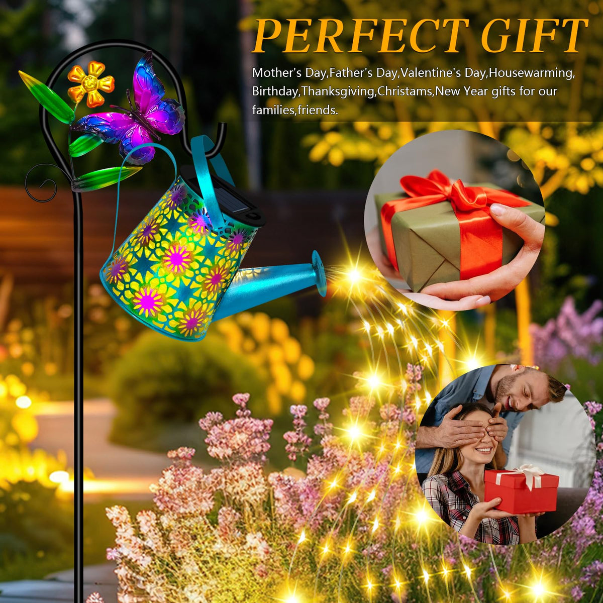 ostritec solar watering can LED strings close-up show flexible wires and glow.