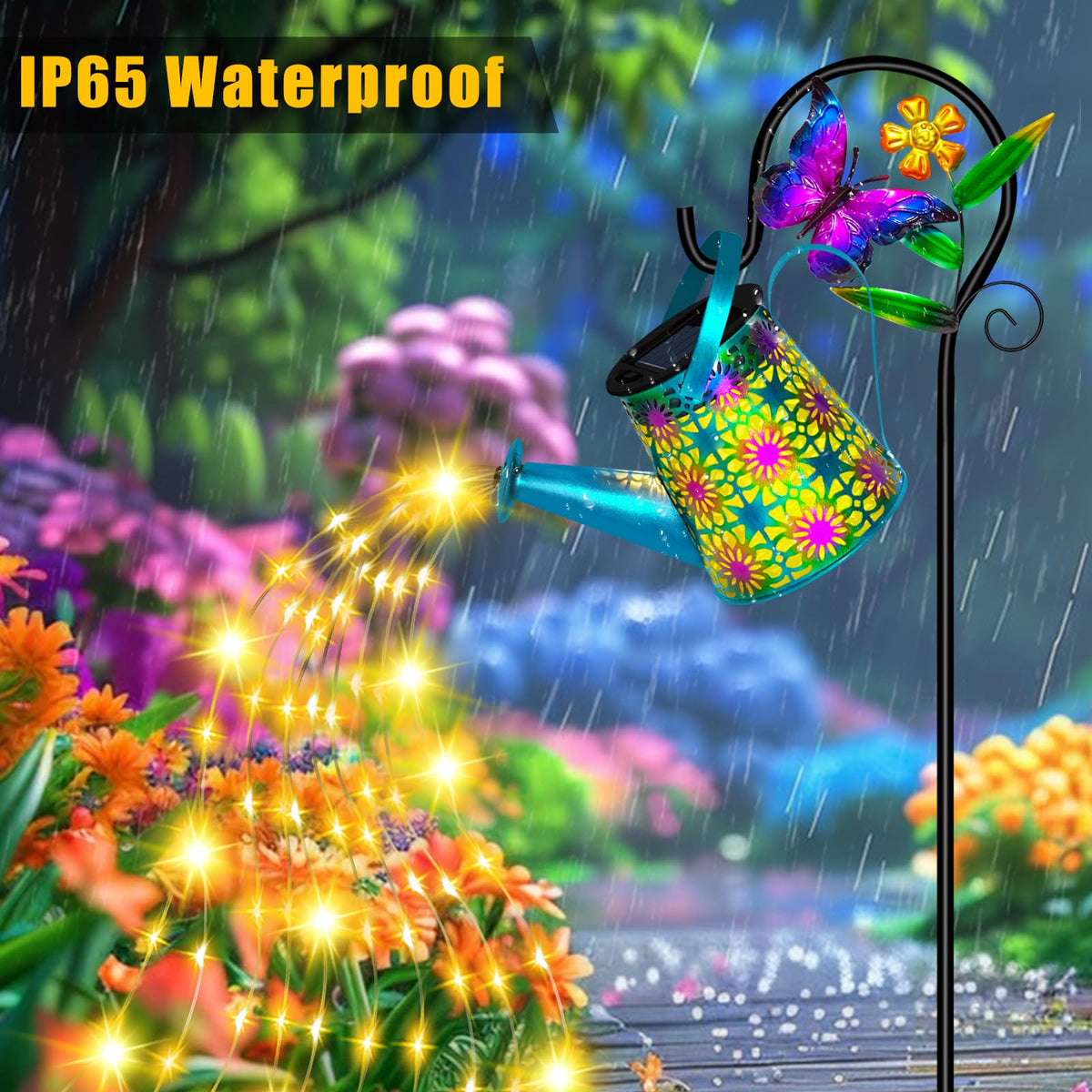 ostritec solar watering can along a walkway adds soft outdoor lighting.