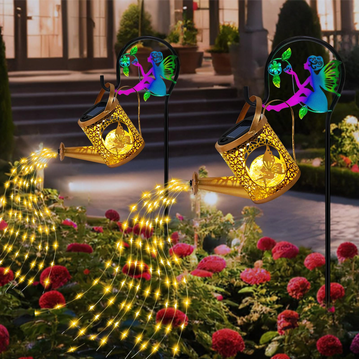 Ostritec Shepherd Hook design showcases cascading lights along a patio path