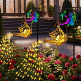 Ostritec Shepherd Hook design showcases cascading lights along a patio path