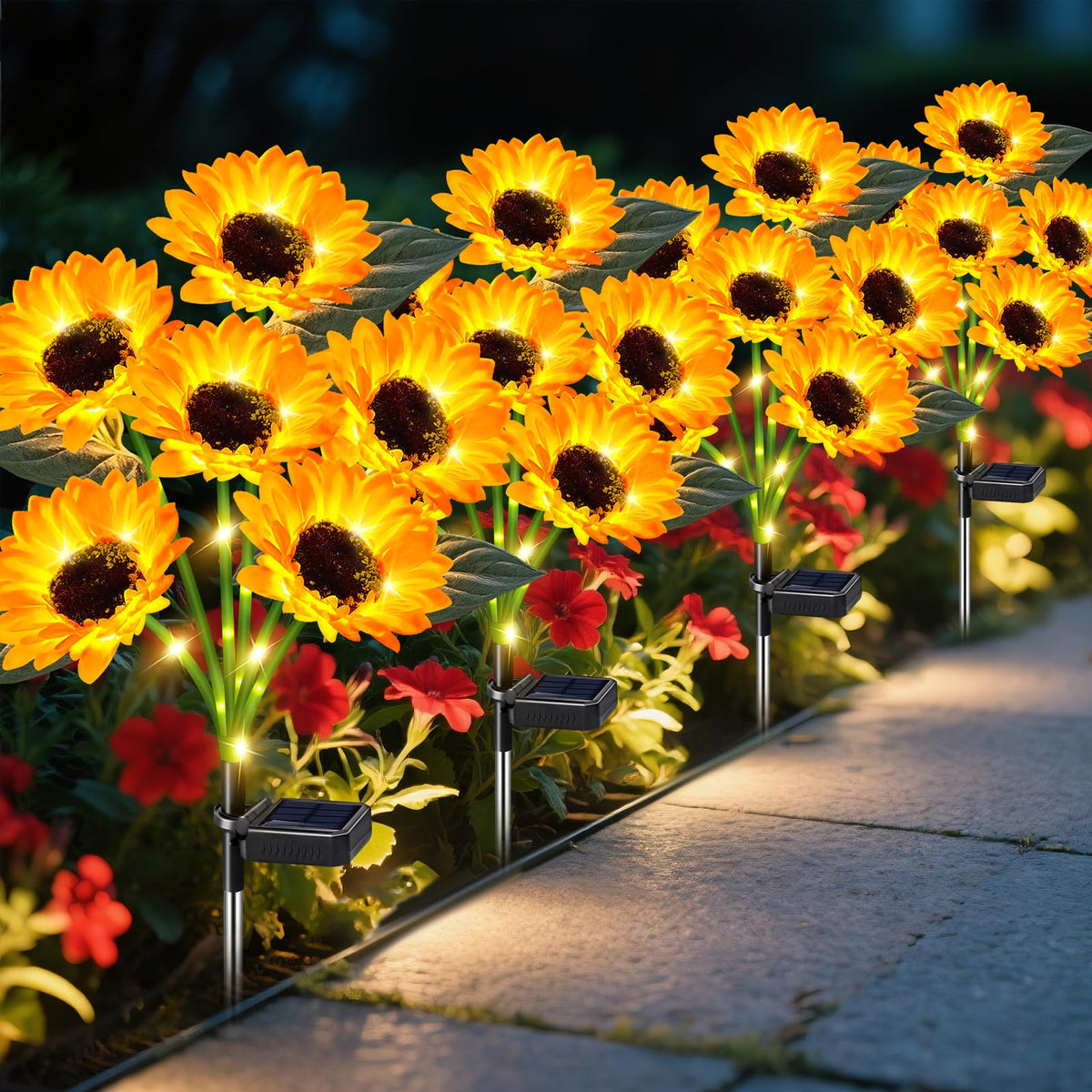 Ostritec sunflower lights with six heads illuminate gardens at night along paths.