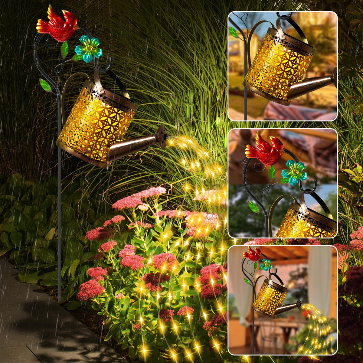 Ostritec Watering Can Lights on a Shepherd Hook extend warm ambiance along paths.