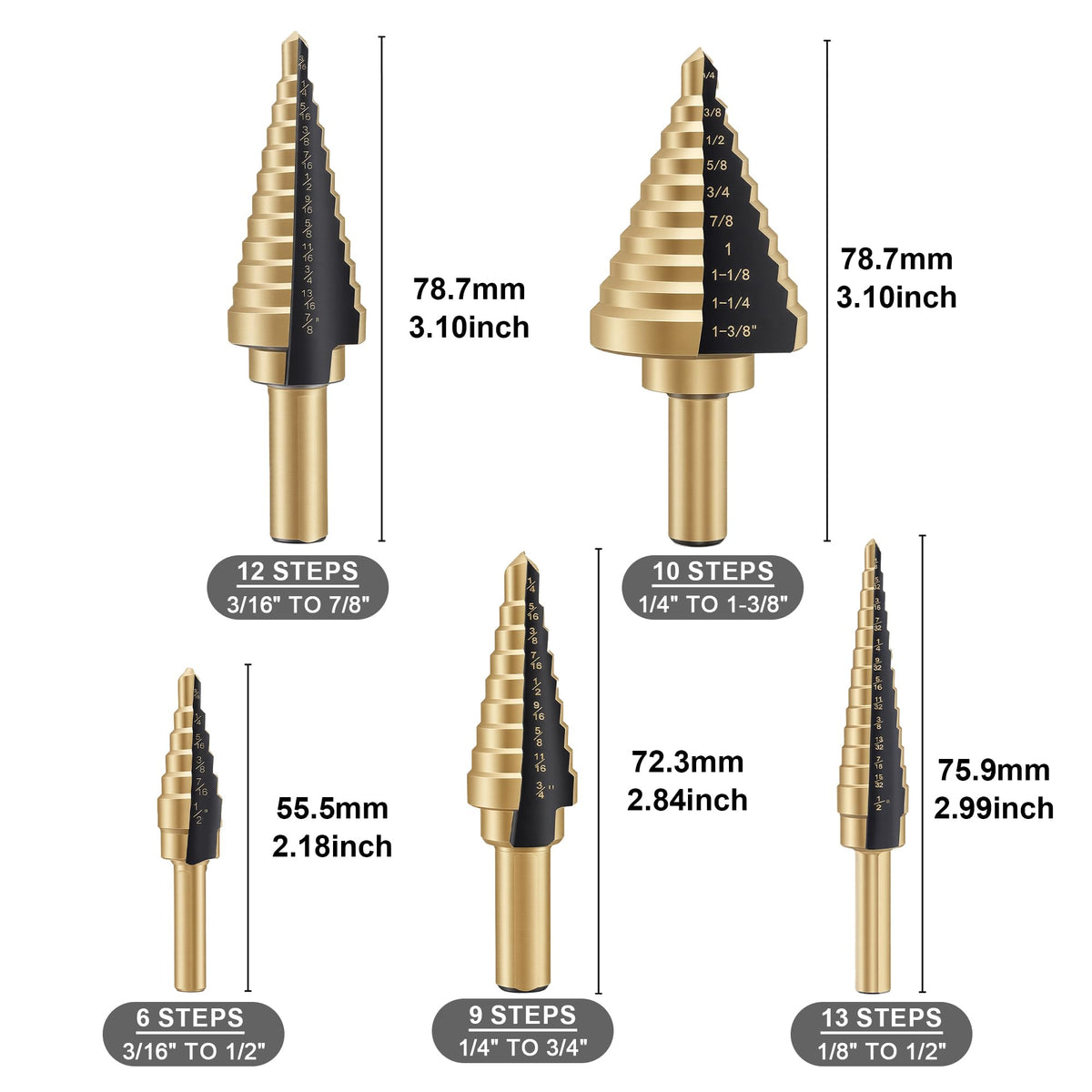 OSTTE titanium-coated HSS step bits for durable metal drilling.