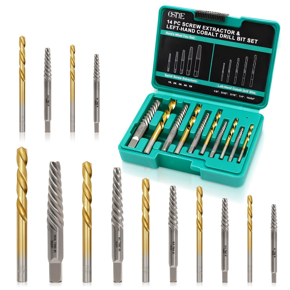 OSTTE screw extractor set package with complete 14-piece kit for damaged fasteners