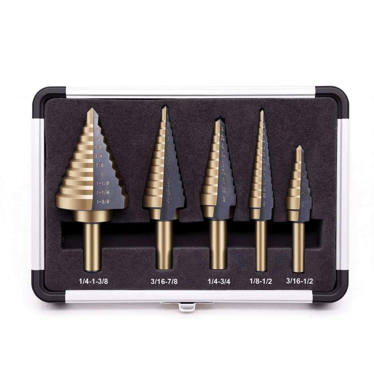 OSTTE step drill set in aluminum case for organized storage.