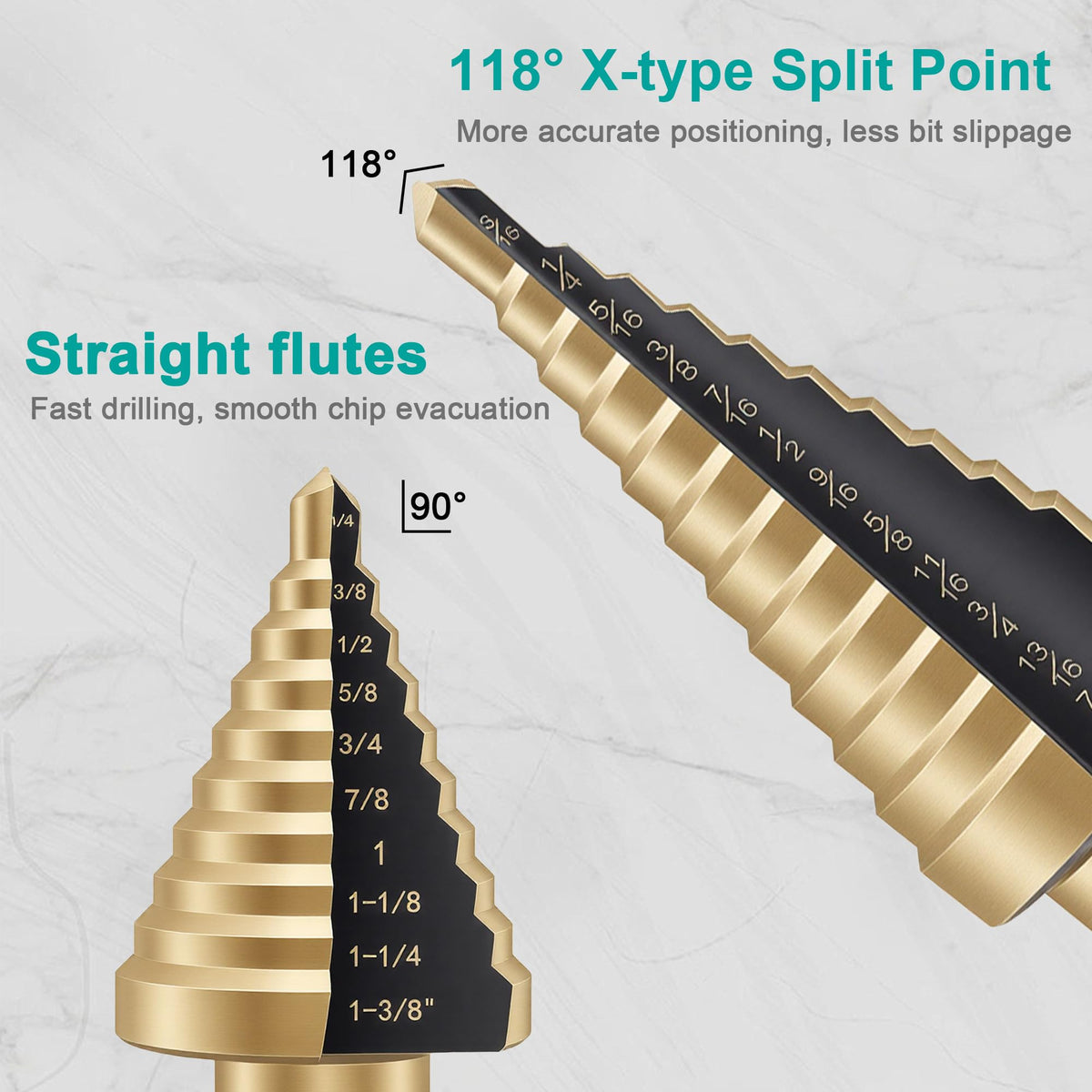 OSTTE step bits work across metal, stainless steel, aluminum, plastic, and wood.