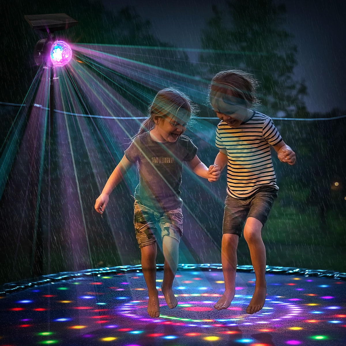 OTDRMETA trampoline lights LED panel brightens outdoor play after dusk.