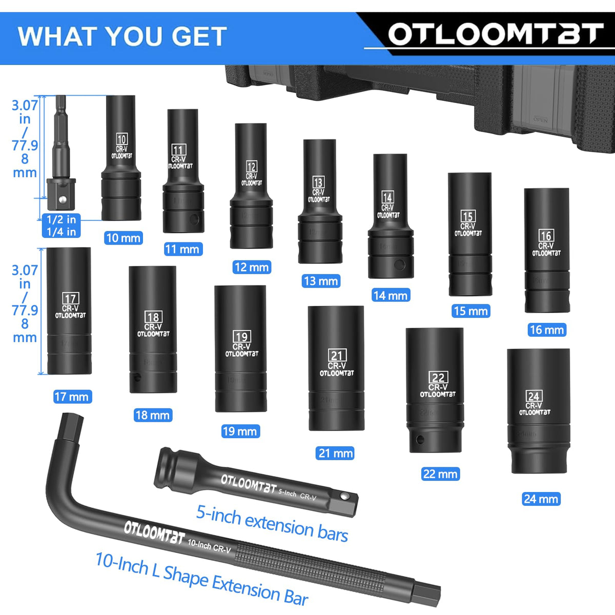 OTLOOMTBT deep metric sockets 10-24mm enabling reach in tight spaces.