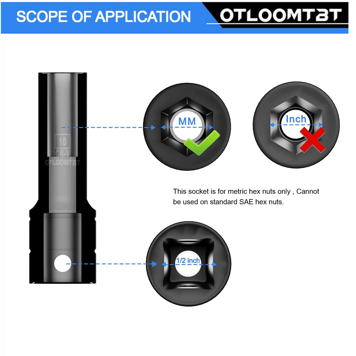 OTLOOMTBT deep socket 10mm close-up shows laser-etched sizes for fast identification.