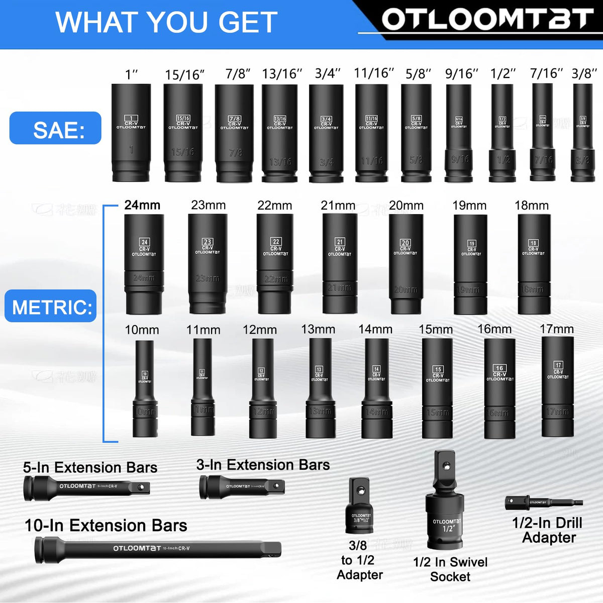 OTLOOMTBT deep sockets close-up highlights sturdy chrome-vanadium construction