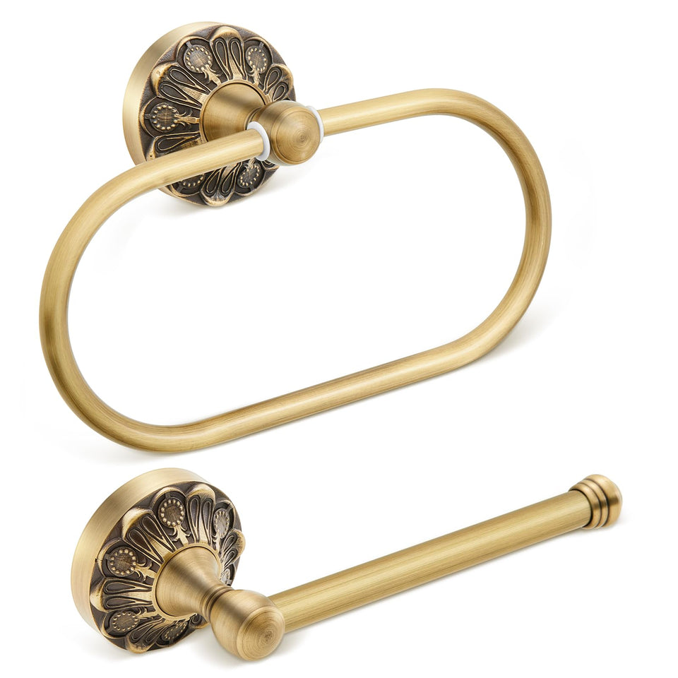 Otoolling antique brass toilet paper holder in rectangle shape for humid bathrooms.