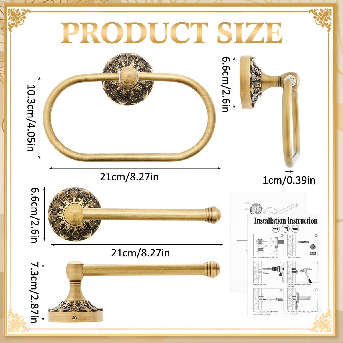 Otoolling brass hand towel ring with 180-degree rotation for easy towel access.