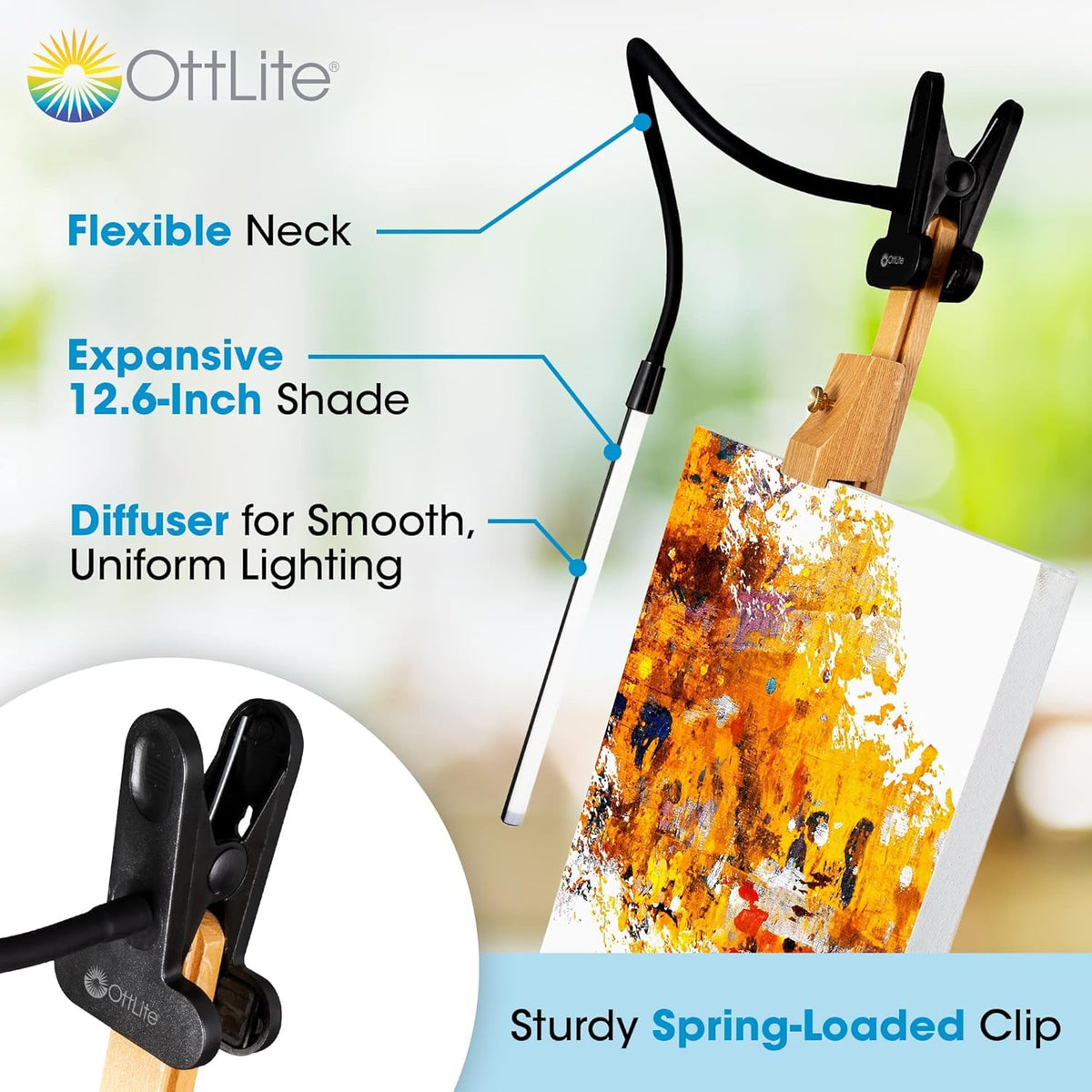 OttLite clip-on LED easel lamp neck adjusts for ergonomic, angled illumination.