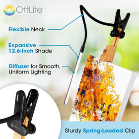 OttLite clip-on LED easel lamp neck adjusts for ergonomic, angled illumination.