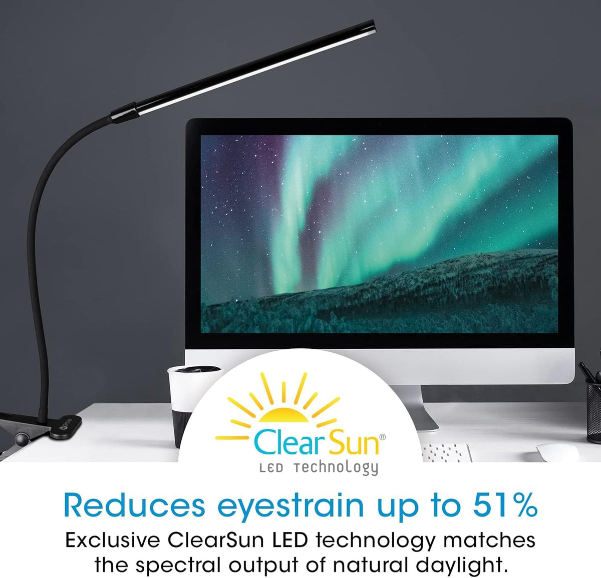 OttLite long shade with diffuser delivers smooth, even light across the workspace.