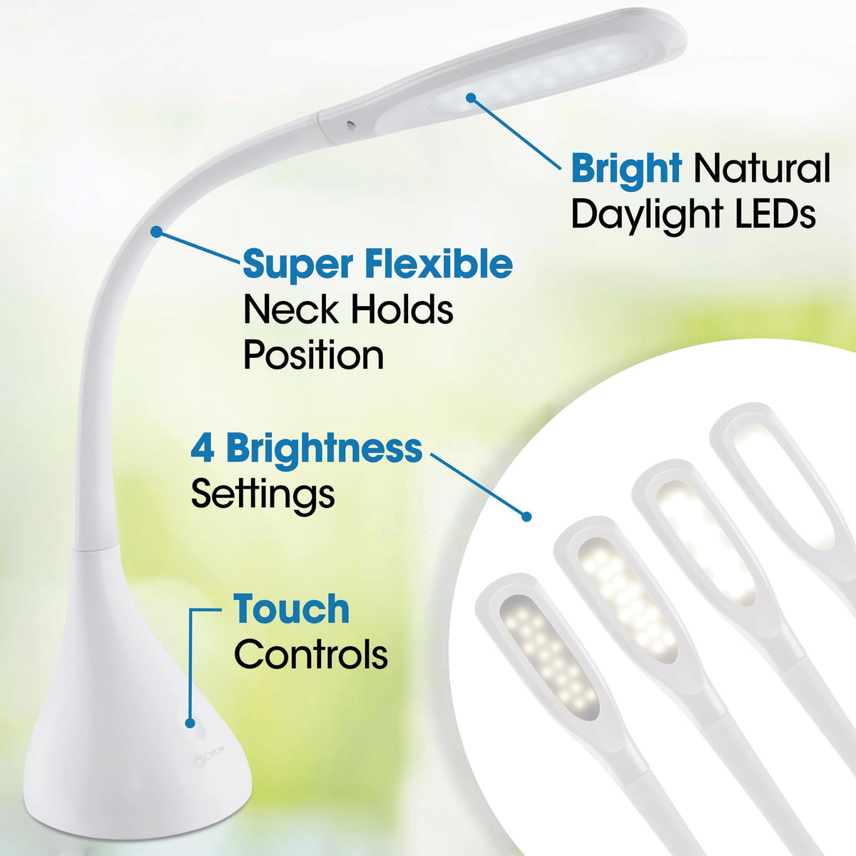 OttLite Creative Curves with four brightness settings for customizable reading light.