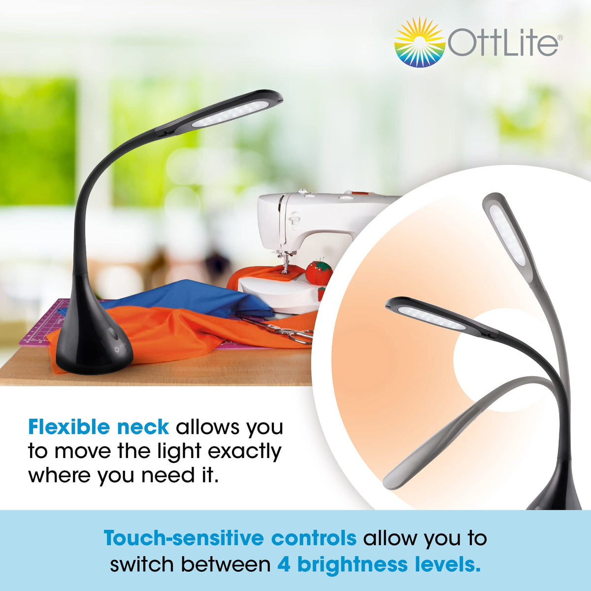 OttLite Creative Curves gooseneck flexible neck enables easy hands-free positioning.